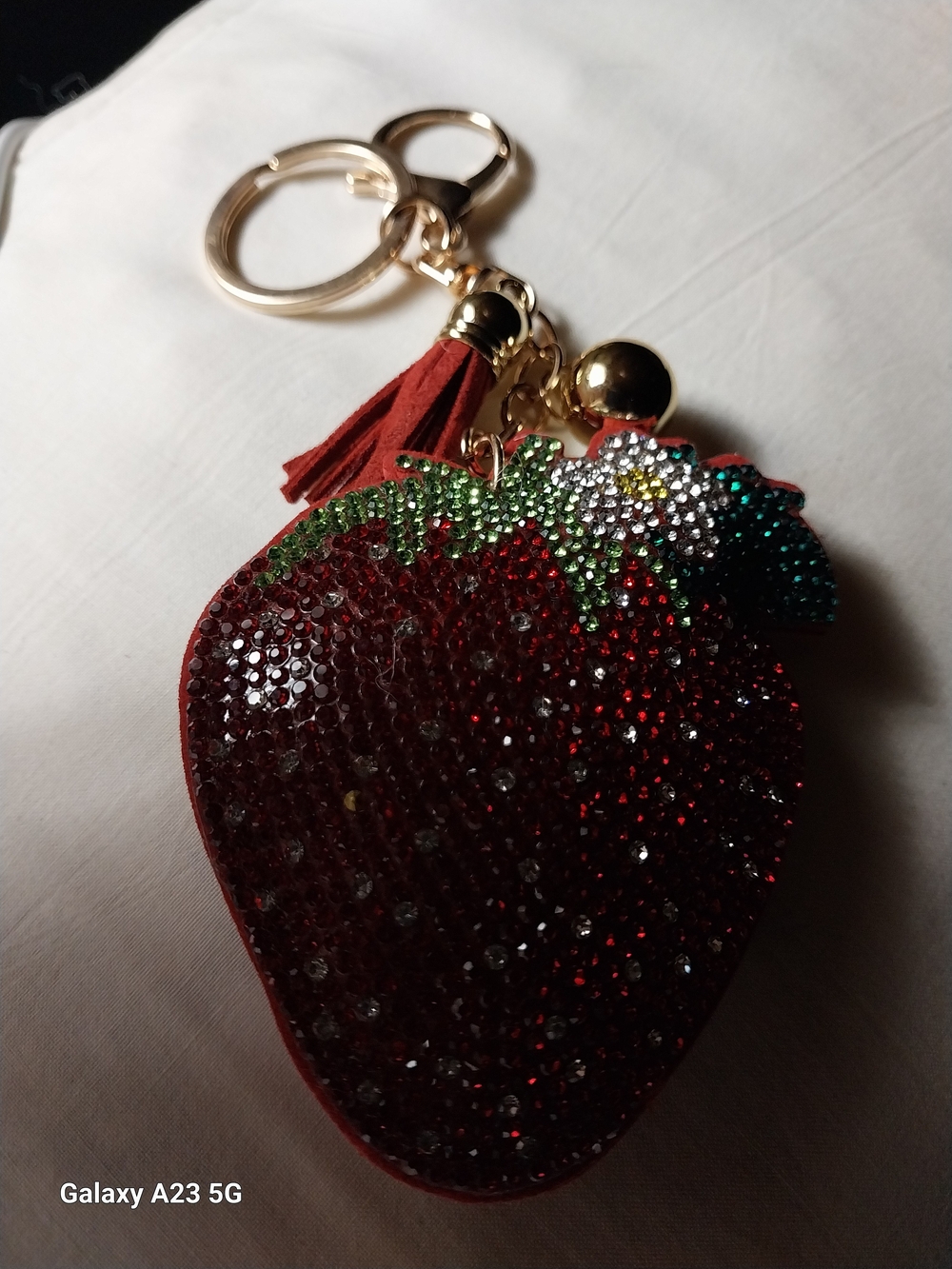 Unvranded Beaded 3D Strawberry Bag Charm/Keychain in Red & Green Gold Hardware